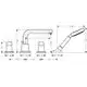 Hansgrohe Wannenrandarmatur in Chrom, vier Separate Elemente, mit einem langen Auslauf und Anpassungen für Wandinstallation. Maße und spezifische Details sind im Diagramm angegeben.